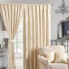 Jacquard Fully Lined Curtains Pair with Tie Backs - Stylish Ready-Made (Irene Beige)