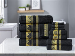 100% Egyptian Cotton, Face Towel, Hand Towel, and Bath Sheet Set with Greek Border Design Black & Gold Towels for Everyday Use Unisex Resistant big towel