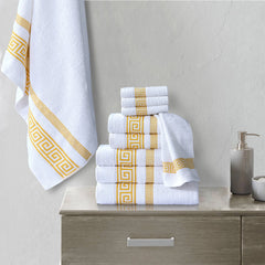 100% Egyptian Cotton, Face Towel, Hand Towel, and Bath Sheet Set with Greek Border Design White & Gold Towels for Everyday Use Unisex Resistant big towel