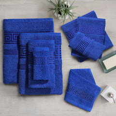 100% Egyptian Cotton, Face Towel, Hand Towel, and Bath Sheet Set with Greek Border Design Blue Towels for Everyday Use Unisex Resistant big towel