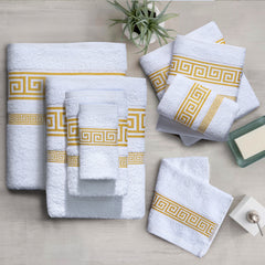 100% Egyptian Cotton, Face Towel, Hand Towel, and Bath Sheet Set with Greek Border Design White & Gold Towels for Everyday Use Unisex Resistant big towel