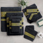 100% Egyptian Cotton, Face Towel, Hand Towel, and Bath Sheet Set with Greek Border Design Black & Gold Towels for Everyday Use Unisex Resistant big towel