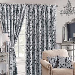 Jacquard Fully Lined Curtains Pair with Tie Backs - Stylish Ready-Made (Irene Black)