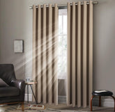 Pair of EYELET Ring Top Thermal BLACKOUT LINED Plain Curtains + Tie Backs Beige
