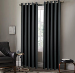 Pair of EYELET Ring Top Thermal BLACKOUT LINED Plain Curtains + Tie Backs Black