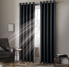 Pair of EYELET Ring Top Thermal BLACKOUT LINED Plain Curtains + Tie Backs Black