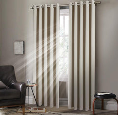 Pair of EYELET Ring Top Thermal BLACKOUT LINED Plain Curtains + Tie Backs Cream