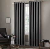Pair of EYELET Ring Top Thermal BLACKOUT LINED Plain Curtains + Tie Backs Gray