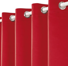 Pair of EYELET Ring Top Thermal BLACKOUT LINED Plain Curtains + Tie Backs Red