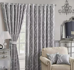 Jacquard Fully Lined Curtains Pair with Tie Backs - Stylish Ready-Made(Lucy Silver)