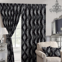 Jacquard Fully Lined Curtains Pair with Tie Backs - Stylish Ready-Made (Emma Black)