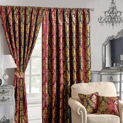 Jacquard Fully Lined Curtains Pair with Tie Backs - Stylish Ready-Made(Celia Burgundy)