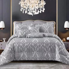 7pc Quilted Jacquard Bedspread Quilted Comforter Bedding Set, Pillows & Cushions (Lucy Silver)