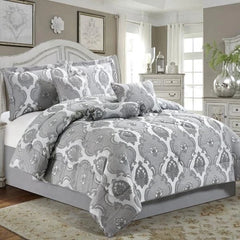 7pc Quilted Jacquard Bedspread Quilted Comforter Bedding Set, Pillows & Cushions (Irene Grey)
