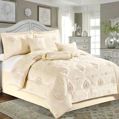 7pc Quilted Jacquard Bedspread Quilted Comforter Bedding Set, Pillows & Cushions (Irene Beige)