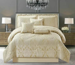 7pc Quilted Jacquard Bedspread Quilted Comforter Bedding Set, Pillows & Cushions (Lucy Beige)