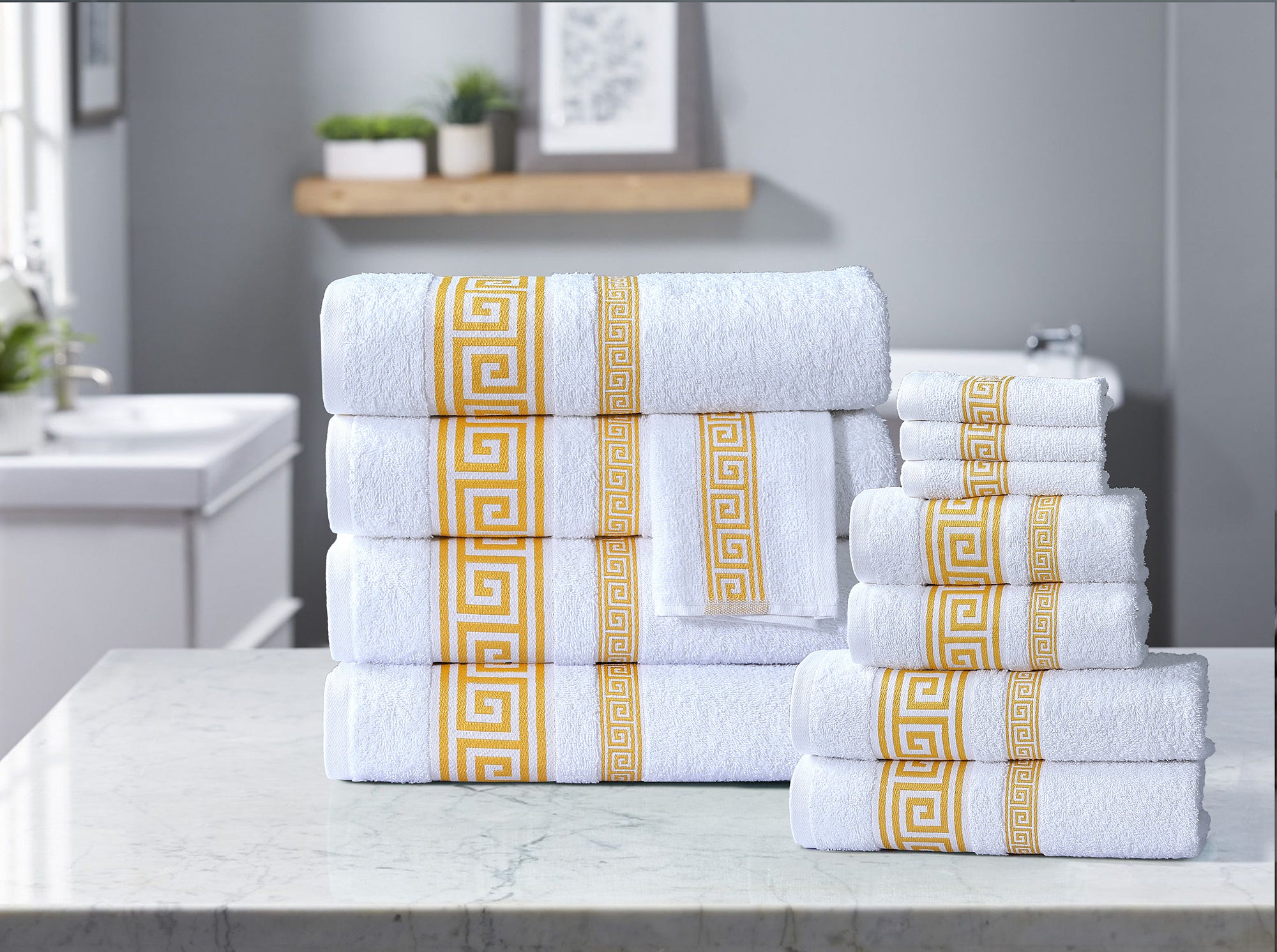 100% Egyptian Cotton, Face Towel, Hand Towel, and Bath Sheet Set with Greek Border Design White & Gold Towels for Everyday Use Unisex Resistant big  towel