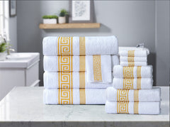 100% Egyptian Cotton, Face Towel, Hand Towel, and Bath Sheet Set with Greek Border Design White & Gold Towels for Everyday Use Unisex Resistant big  towel