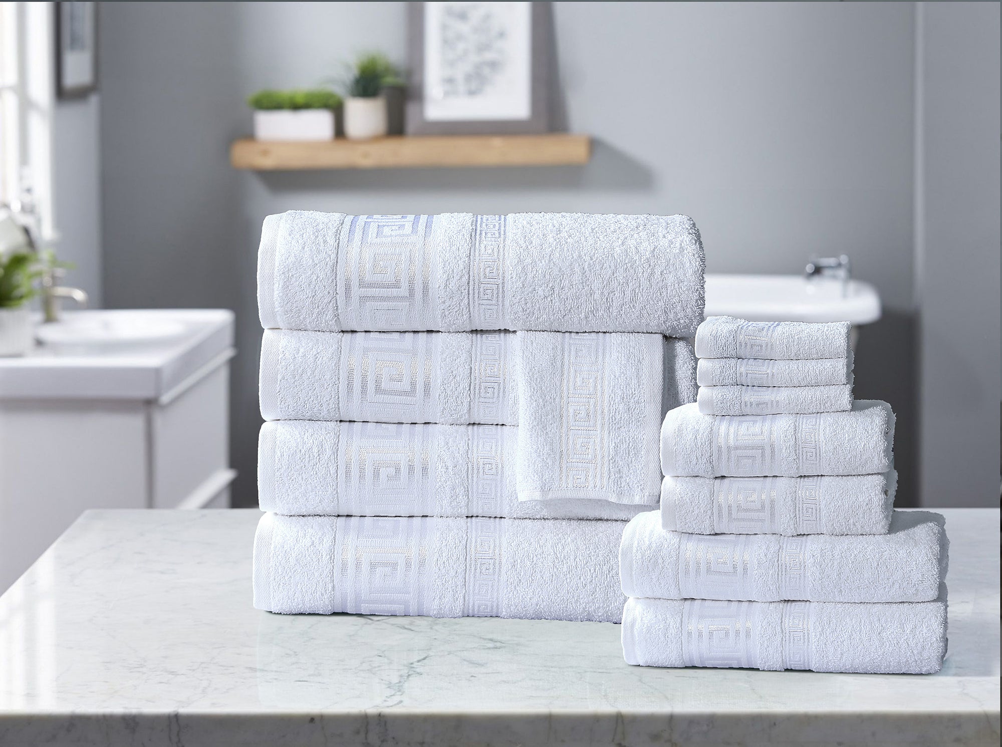 100% Egyptian Cotton, Face Towel, Hand Towel, and Bath Sheet Set with Greek Border Design White Towels for Everyday Use Unisex Resistant big  towel
