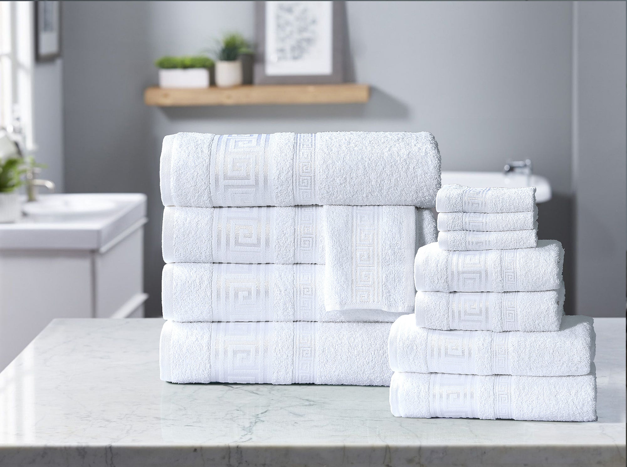 100% Egyptian Cotton, Face Towel, Hand Towel, and Bath Sheet Set with Greek Border Design White Towels for Everyday Use Unisex Resistant big  towel