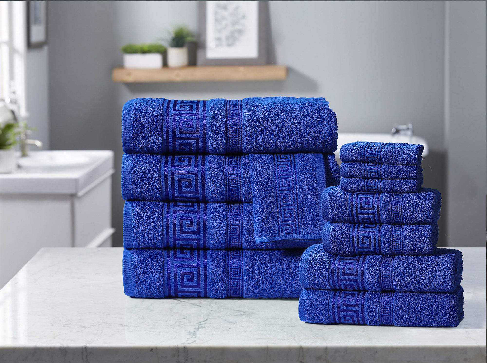 100% Egyptian Cotton, Face Towel, Hand Towel, and Bath Sheet Set with Greek Border Design Blue Towels for Everyday Use Unisex Resistant big  towel
