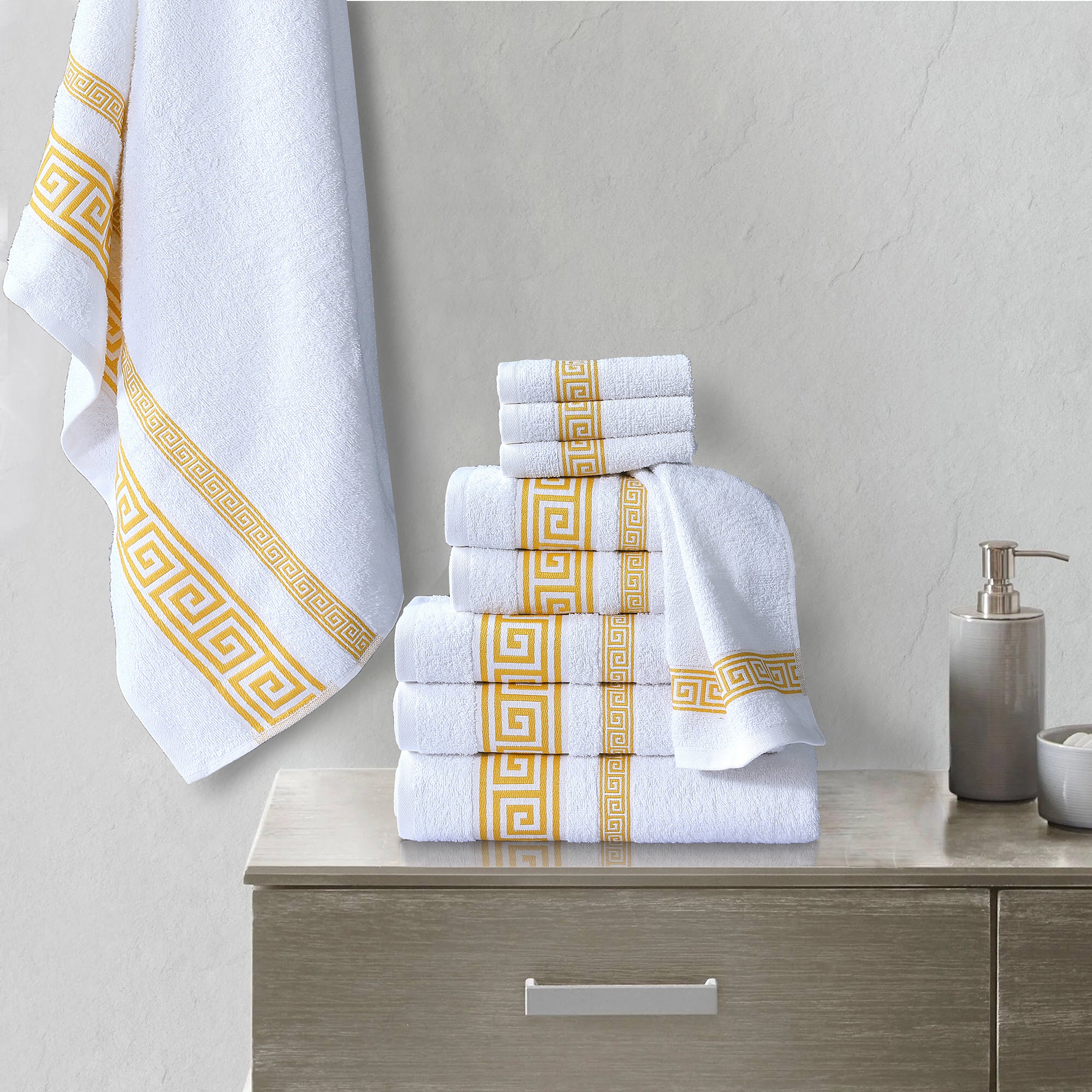 100% Egyptian Cotton, Face Towel, Hand Towel, and Bath Sheet Set with Greek Border Design White & Gold Towels for Everyday Use Unisex Resistant big  towel