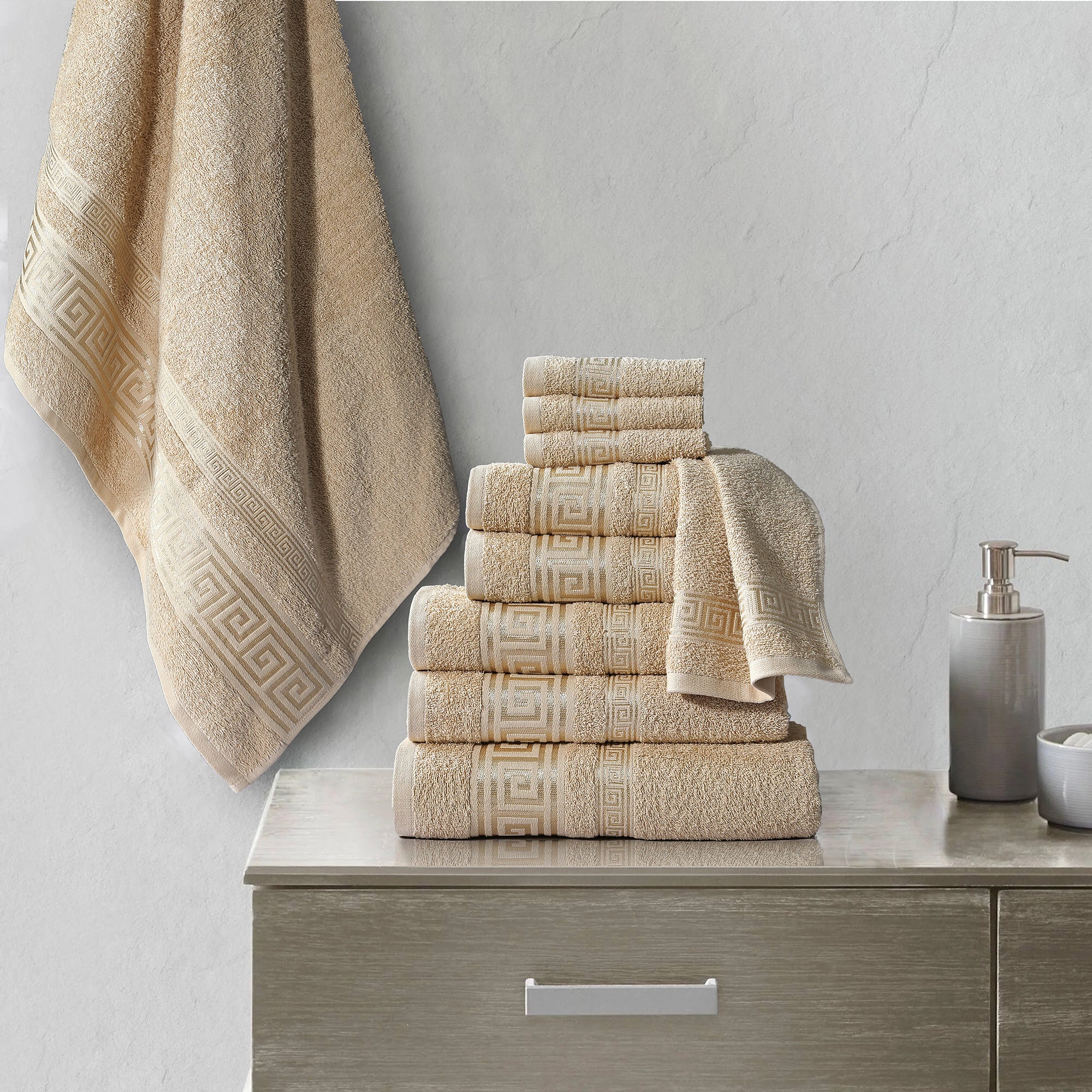 100% Egyptian Cotton, Face Towel, Hand Towel, and Bath Sheet Set with Greek Border Design Beige Towels for Everyday Use Unisex Resistant big  towel