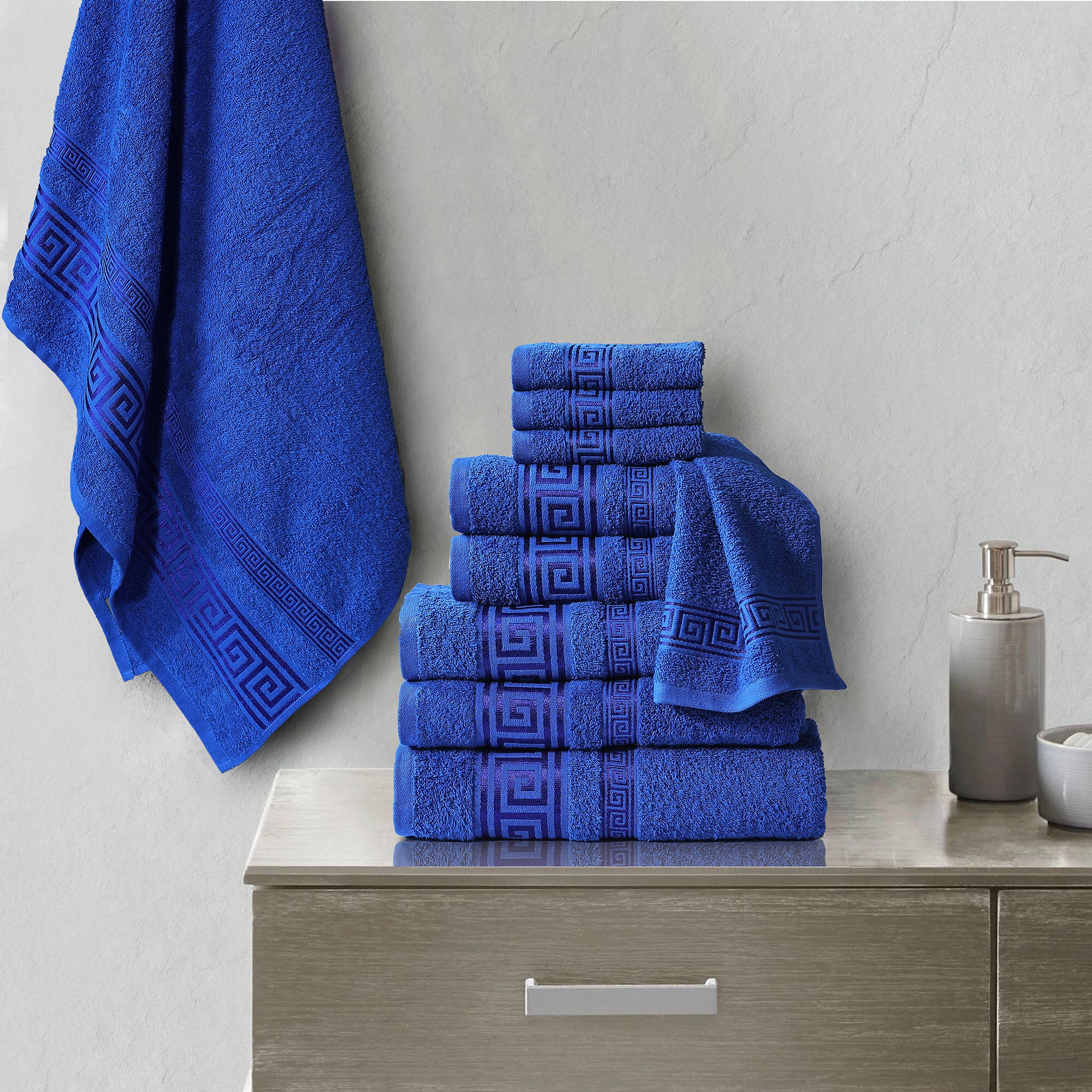 100% Egyptian Cotton, Face Towel, Hand Towel, and Bath Sheet Set with Greek Border Design Blue Towels for Everyday Use Unisex Resistant big  towel