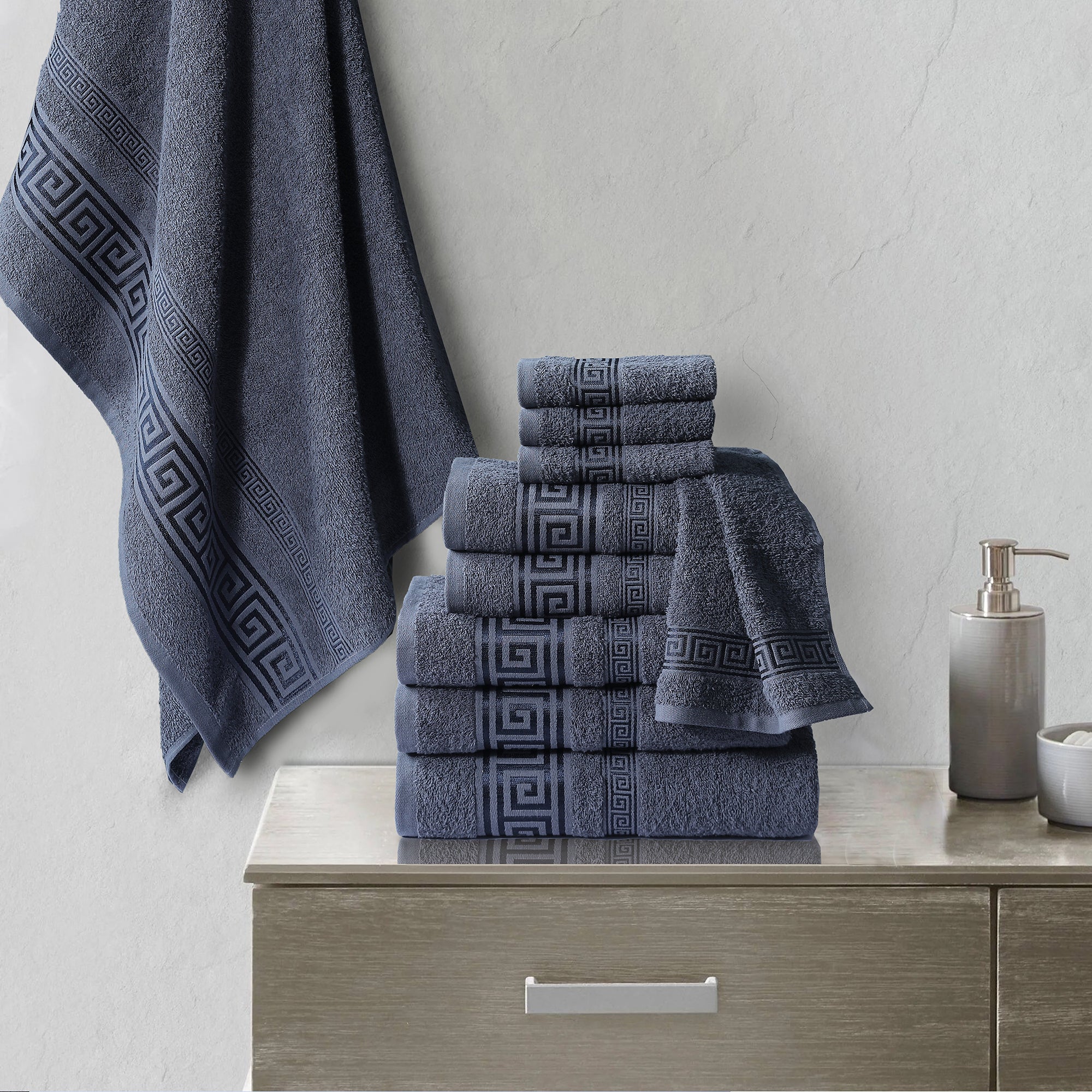 100% Egyptian Cotton, Face Towel, Hand Towel, and Bath Sheet Set with Greek Border Design Charcoal Towels for Everyday Use Unisex Resistant big towel