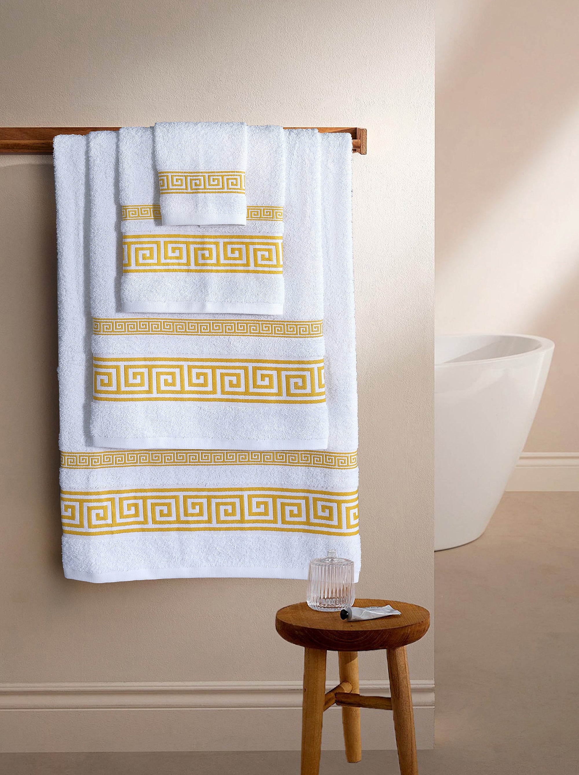 100% Egyptian Cotton, Face Towel, Hand Towel, and Bath Sheet Set with Greek Border Design White & Gold Towels for Everyday Use Unisex Resistant big  towel