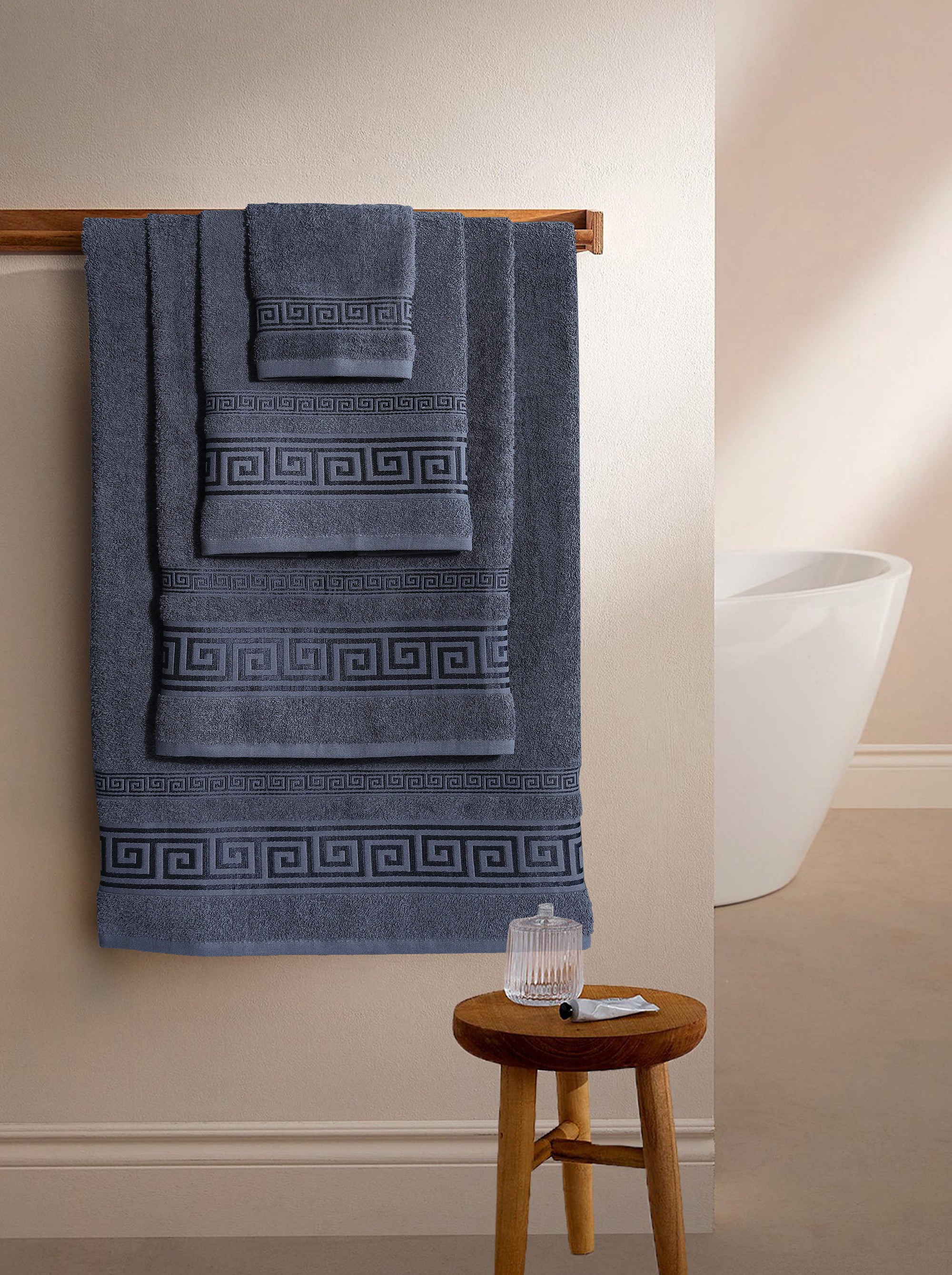 100% Egyptian Cotton, Face Towel, Hand Towel, and Bath Sheet Set with Greek Border Design Charcoal Towels for Everyday Use Unisex Resistant big towel