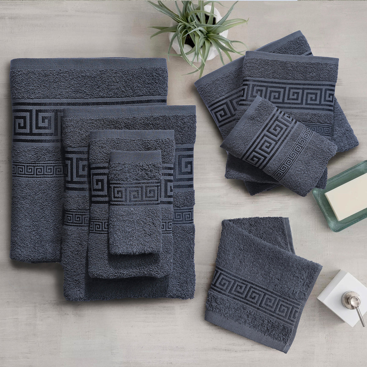 100% Egyptian Cotton, Face Towel, Hand Towel, and Bath Sheet Set with Greek Border Design Charcoal Towels for Everyday Use Unisex Resistant big towel
