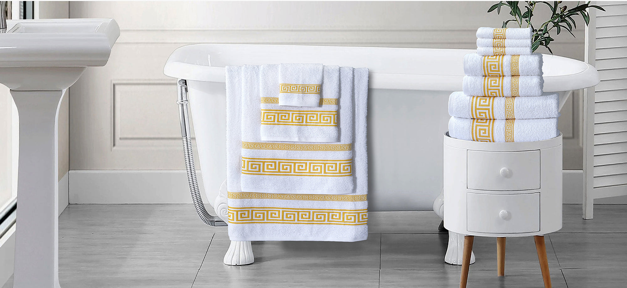100% Egyptian Cotton, Face Towel, Hand Towel, and Bath Sheet Set with Greek Border Design White & Gold Towels for Everyday Use Unisex Resistant big  towel