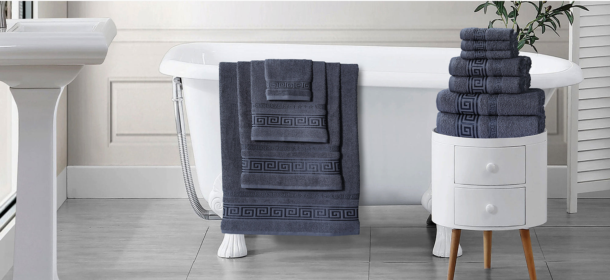 100% Egyptian Cotton, Face Towel, Hand Towel, and Bath Sheet Set with Greek Border Design Charcoal Towels for Everyday Use Unisex Resistant big towel