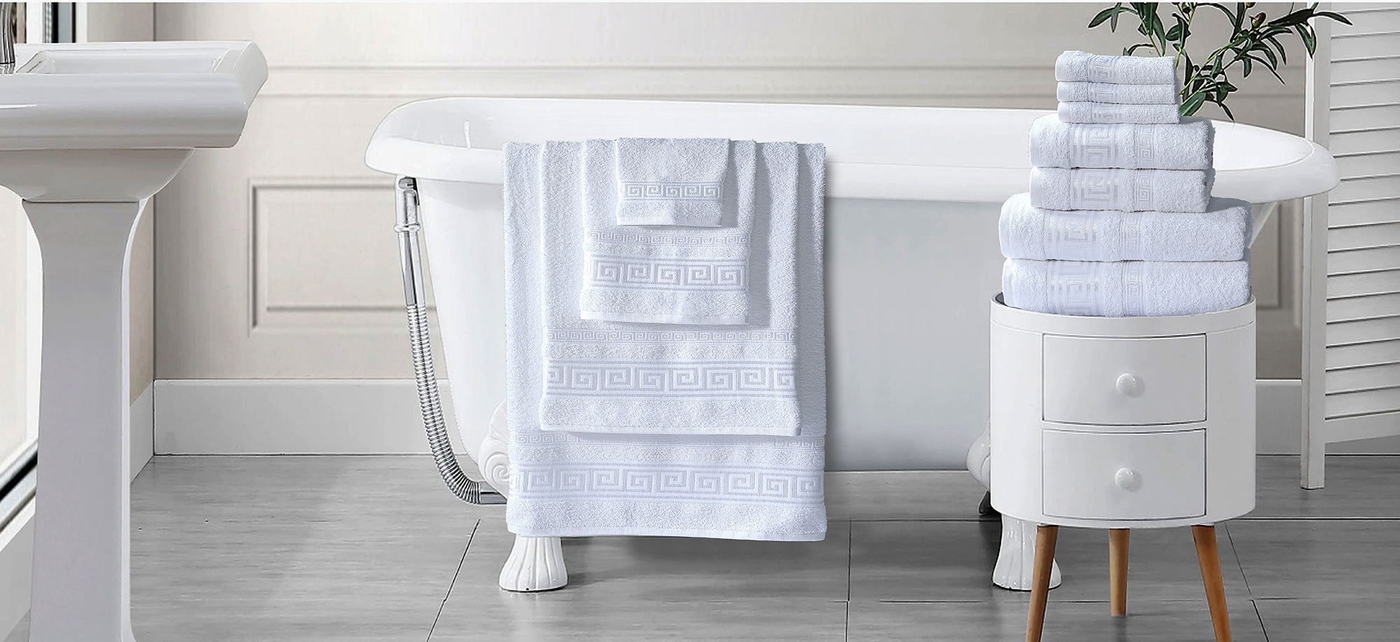 100% Egyptian Cotton, Face Towel, Hand Towel, and Bath Sheet Set with Greek Border Design White Towels for Everyday Use Unisex Resistant big  towel