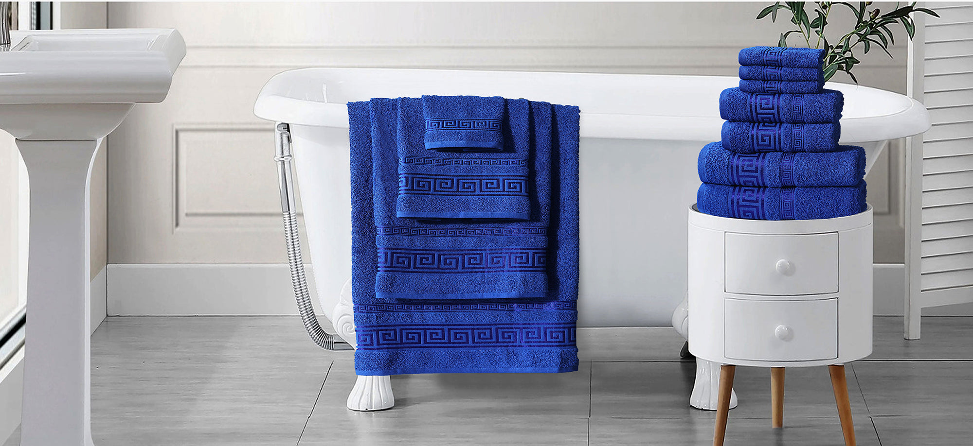 100% Egyptian Cotton, Face Towel, Hand Towel, and Bath Sheet Set with Greek Border Design Blue Towels for Everyday Use Unisex Resistant big  towel