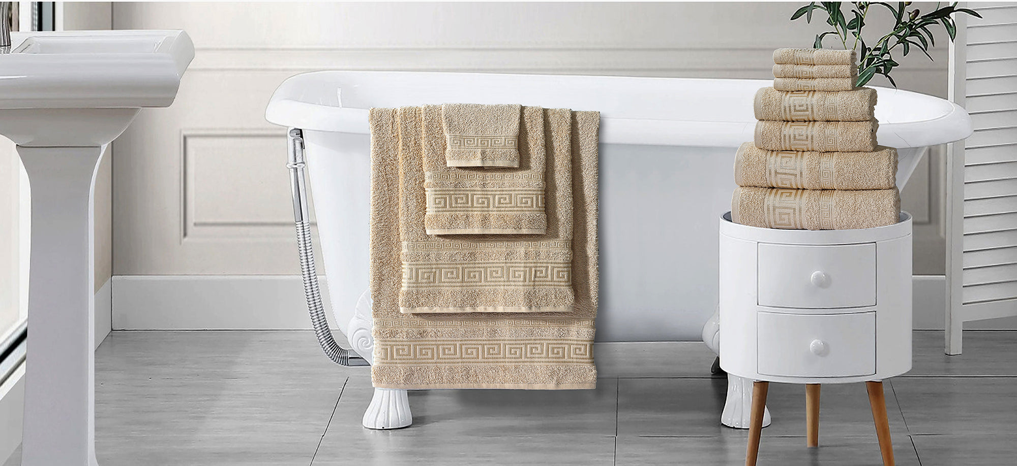 100% Egyptian Cotton, Face Towel, Hand Towel, and Bath Sheet Set with Greek Border Design Beige Towels for Everyday Use Unisex Resistant big  towel