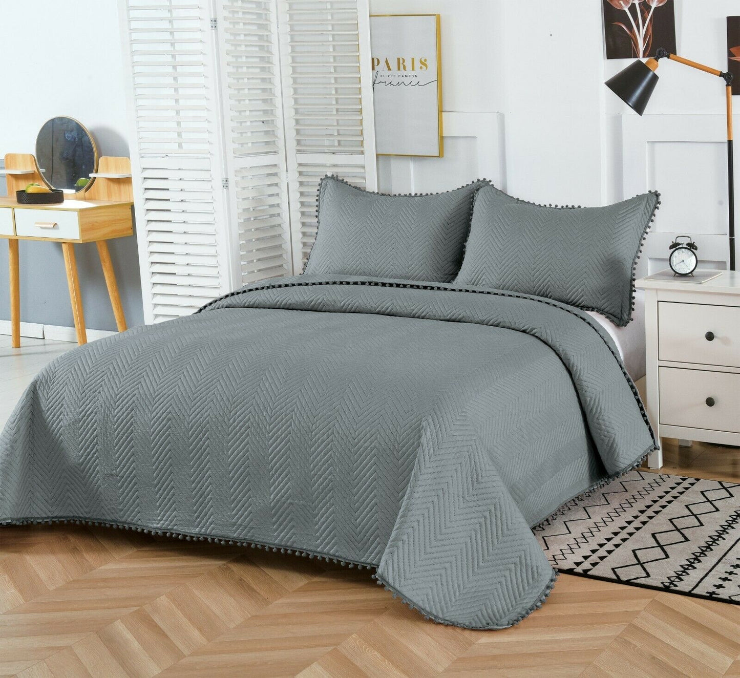 Pom Pom Bedspread Grey