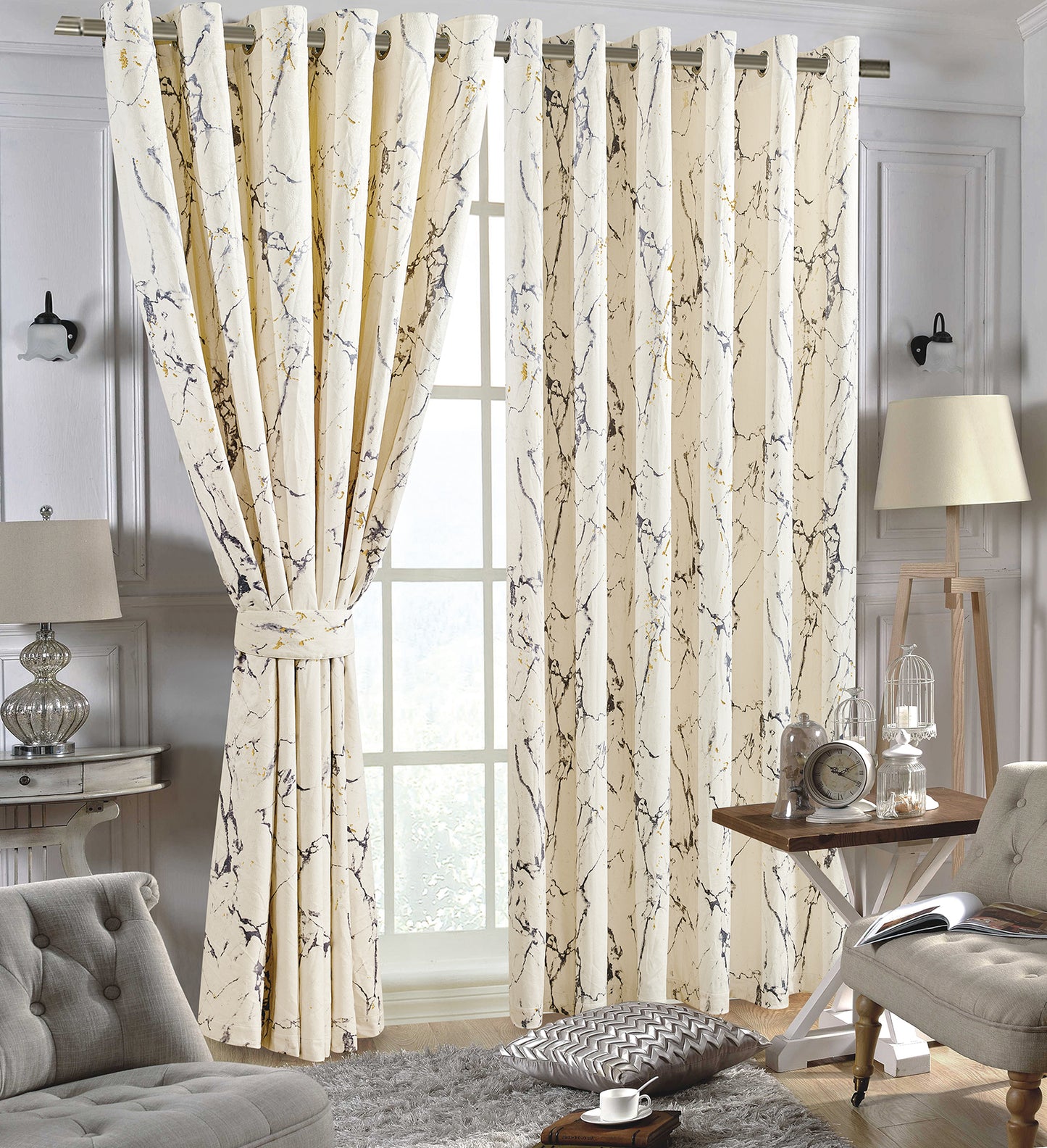 Luxury Cream Colour Marble Velvet Ring Top Curtains