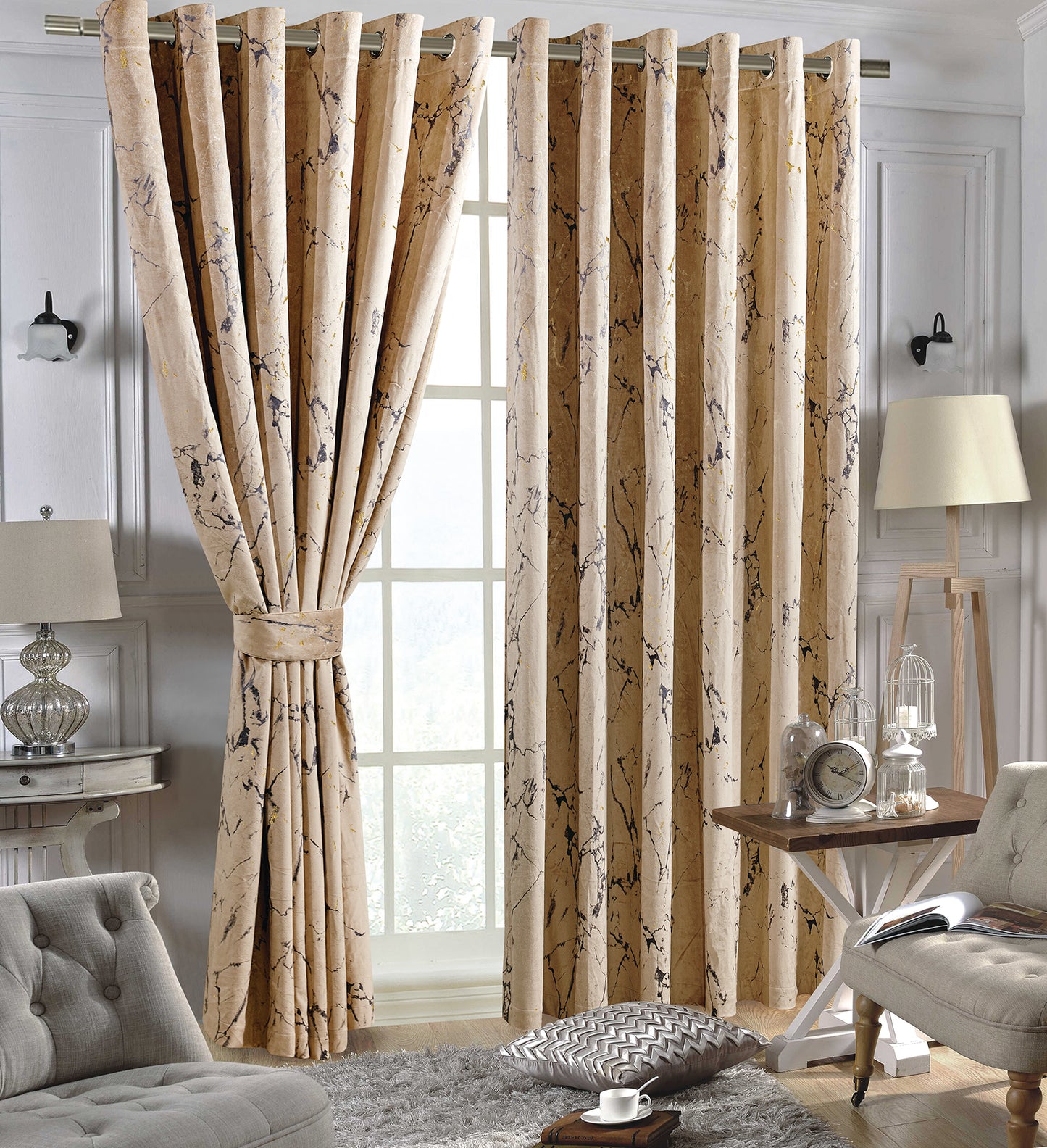 Luxury Beige Colour Marble Velvet Ring Top Curtains