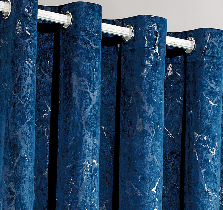 Luxury Blue Colour Marble Velvet Ring Top Curtains