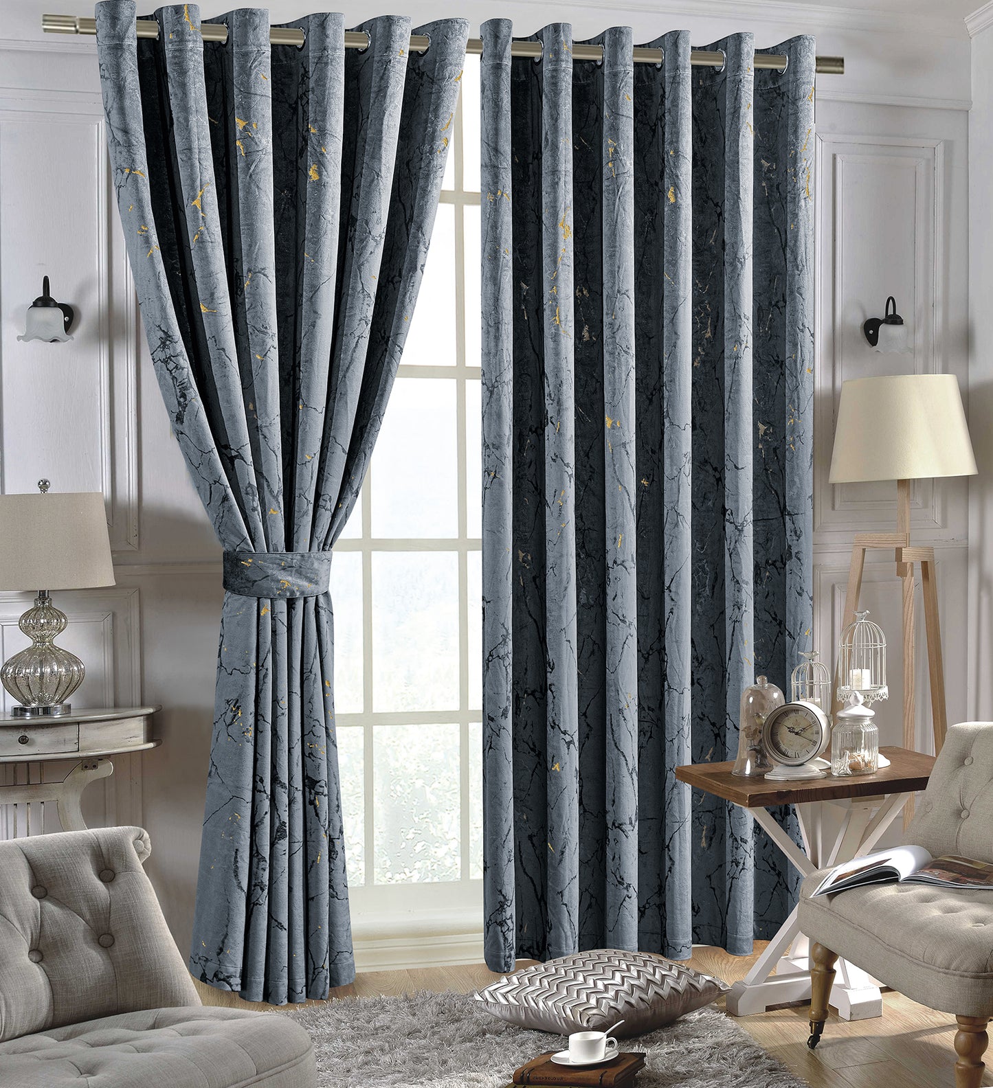 Luxury Grey Marble Velvet Ring Top Curtains