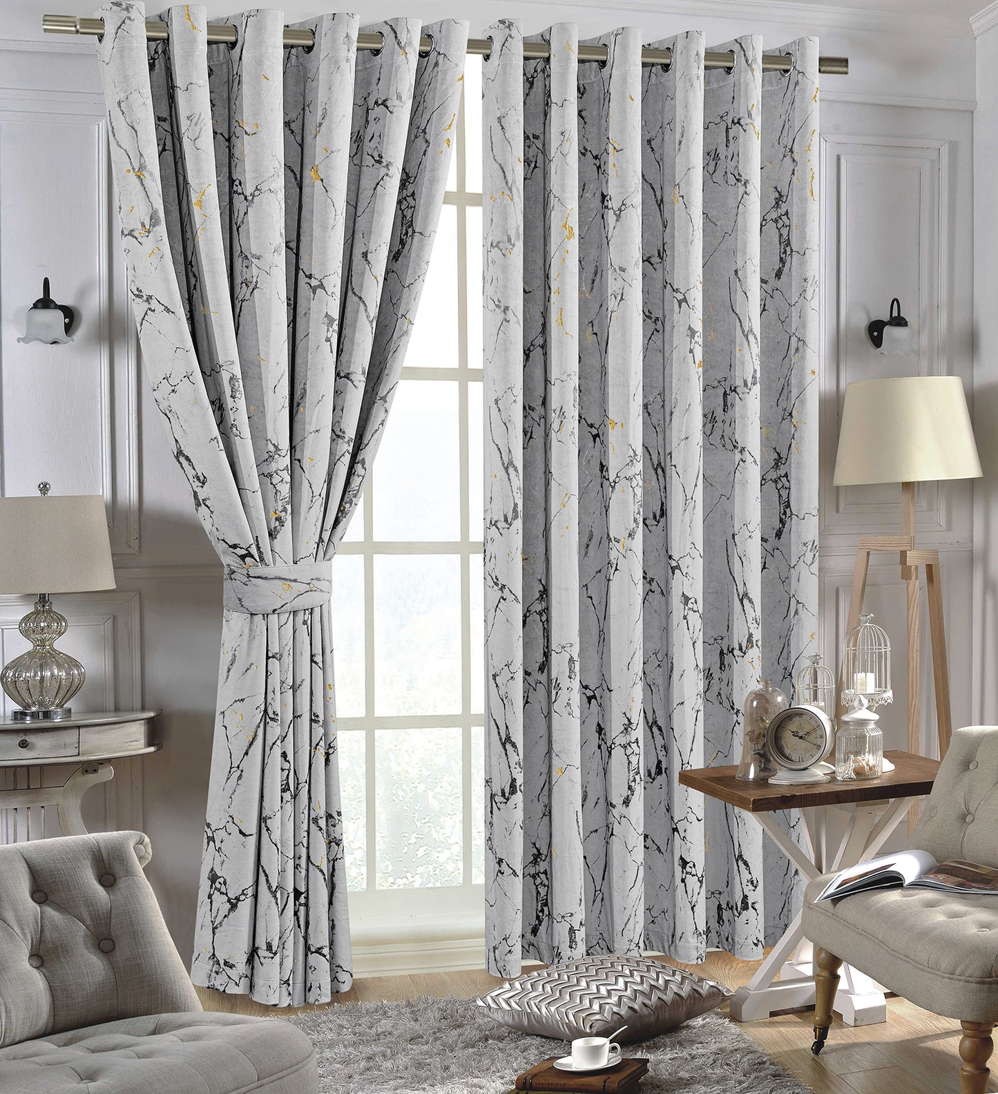 Luxury Silver Marble Velvet Ring Top Curtains