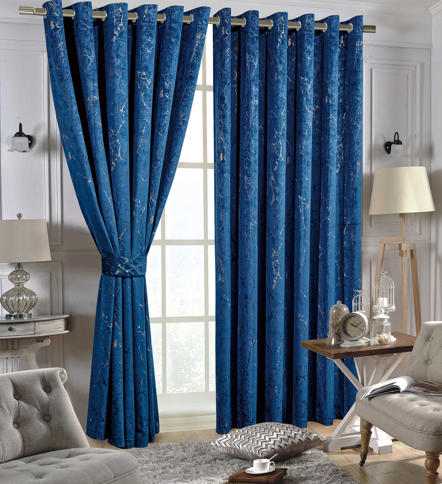 Luxury Blue Colour Marble Velvet Ring Top Curtains