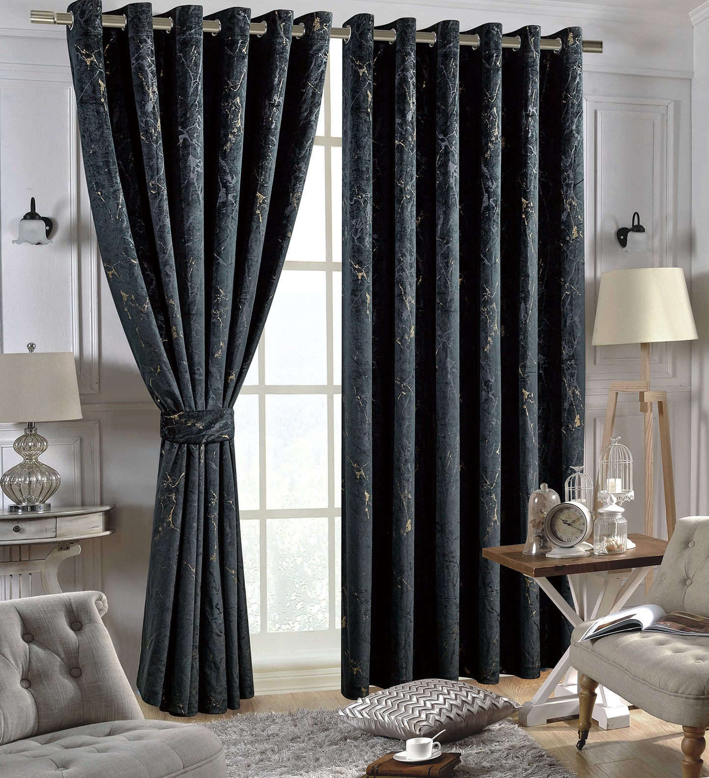 Luxury Black Colour Marble Velvet Ring Top Curtains