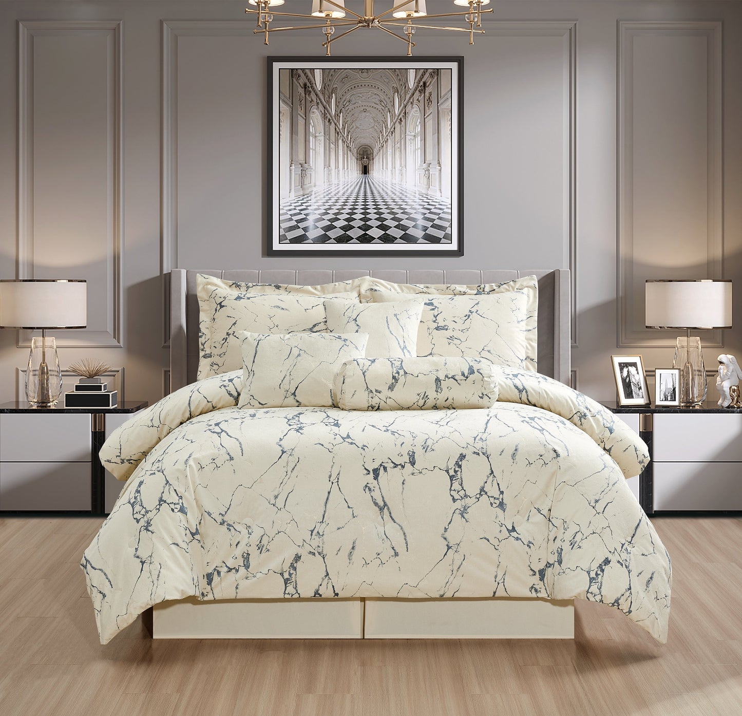 New 3 Pcs Grey Marble Bedspread