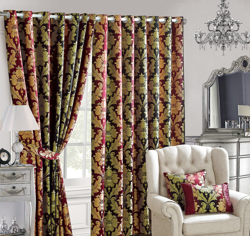 JACQUARD CEILA BURGUNDY RINGTOP CURTAIN (With Tie Backs)