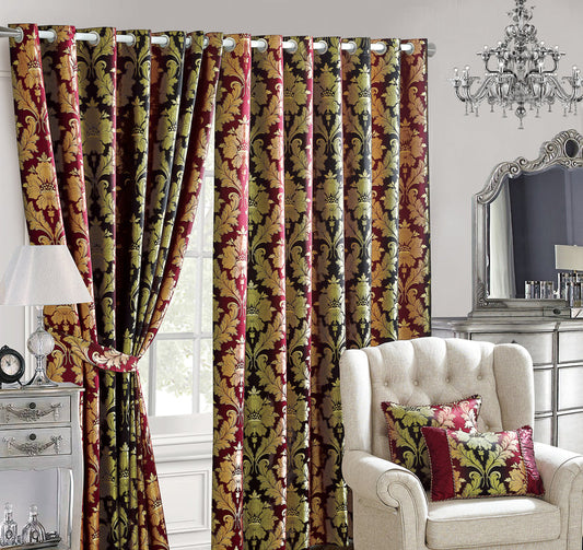 JACQUARD CEILA BURGUNDY RINGTOP CURTAIN (With Tie Backs)