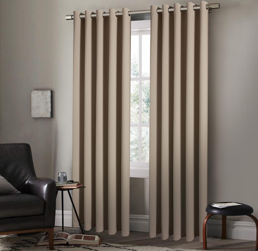 Pair of EYELET Ring Top Thermal BLACKOUT LINED Plain Curtains + Tie Backs