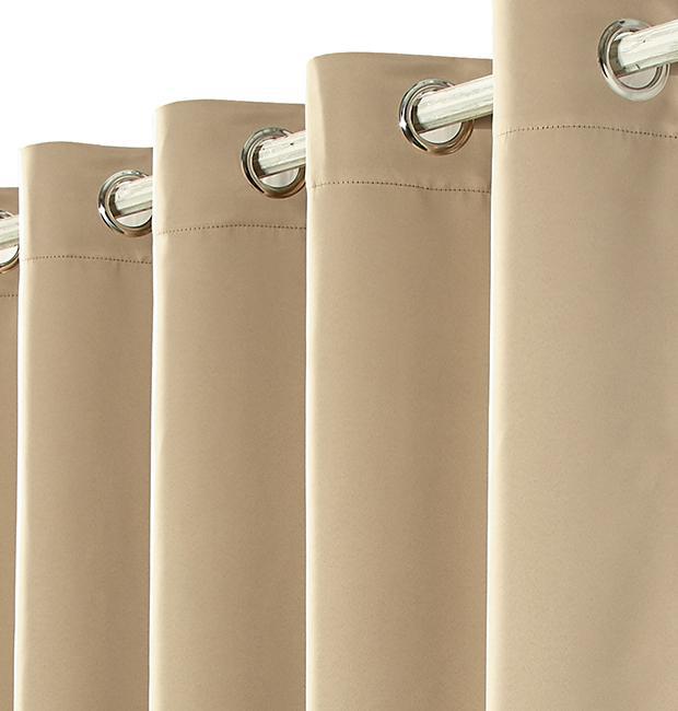 Pair of EYELET Ring Top Thermal BLACKOUT LINED Plain Curtains + Tie Backs Beige